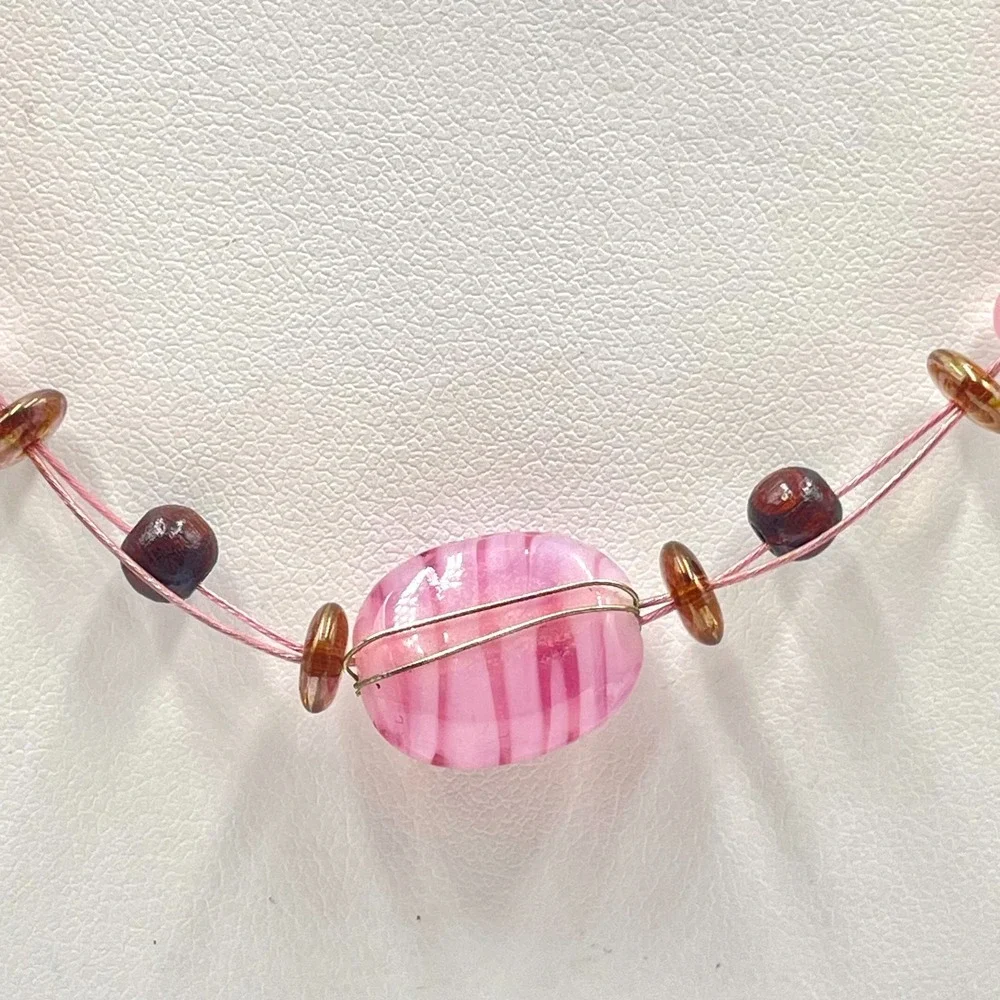 Vintage Y2K Pink Glass Illusion Necklace Floating Beaded Cord Mixed Stone Boho